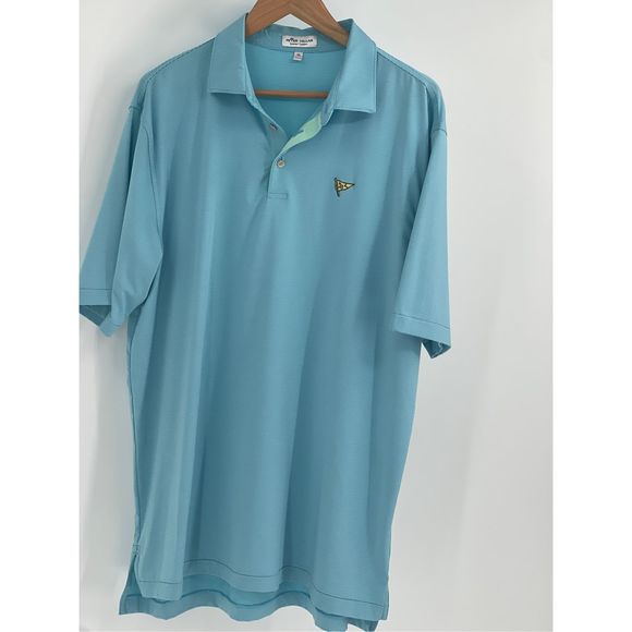 Peter Millar Polo Golf Shirt Men XL Blue Striped Short Sleeve Yellow‎ Flag - Picture 1 of 13